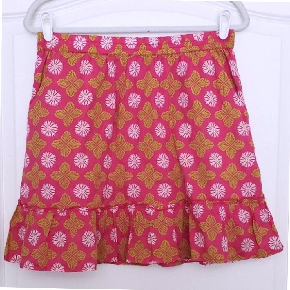Sigrid Olsen Pink Floral Medallion Ruffle Hem Cotton Mini Skirt Pockets Sz M